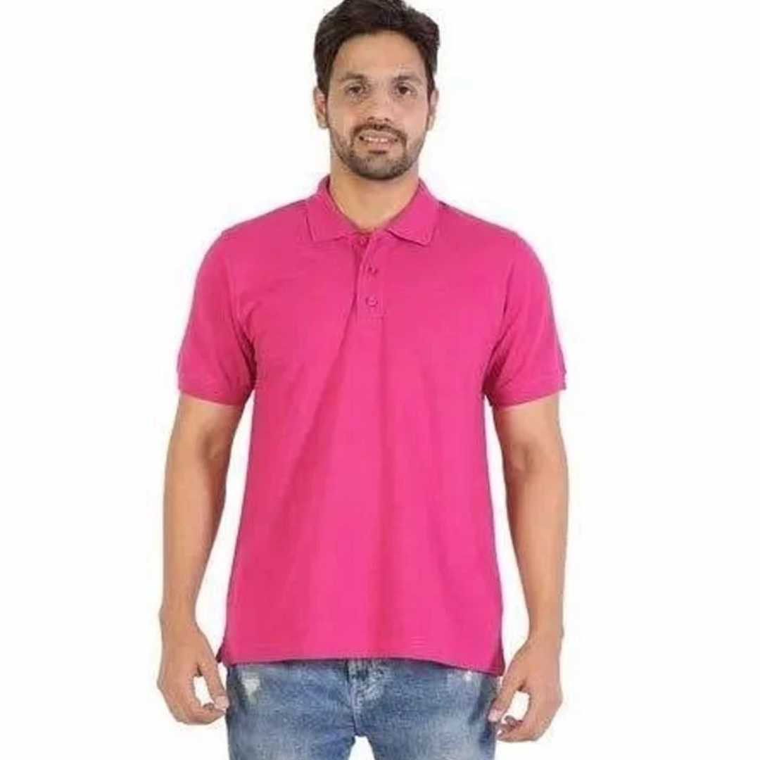 Plain Men Pink Cotton Polo Neck T Shirts